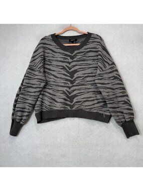 DKNY Sweater Womens Large Gray Animal Crew Neck Balloon Sleeve Knit Pullover